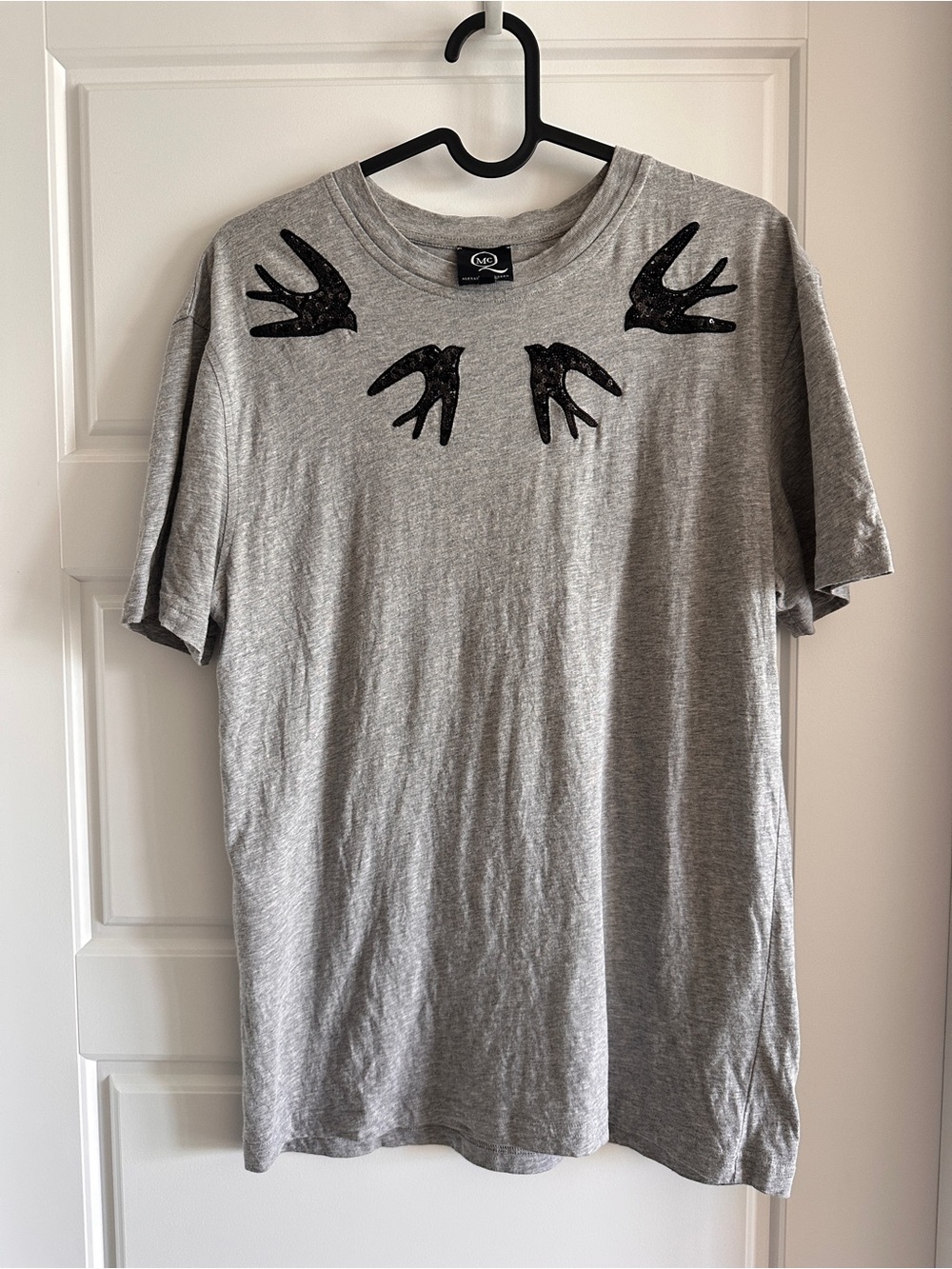 McQ Alexander McQueen Sequin Swallow Grey T-Shirt Size S